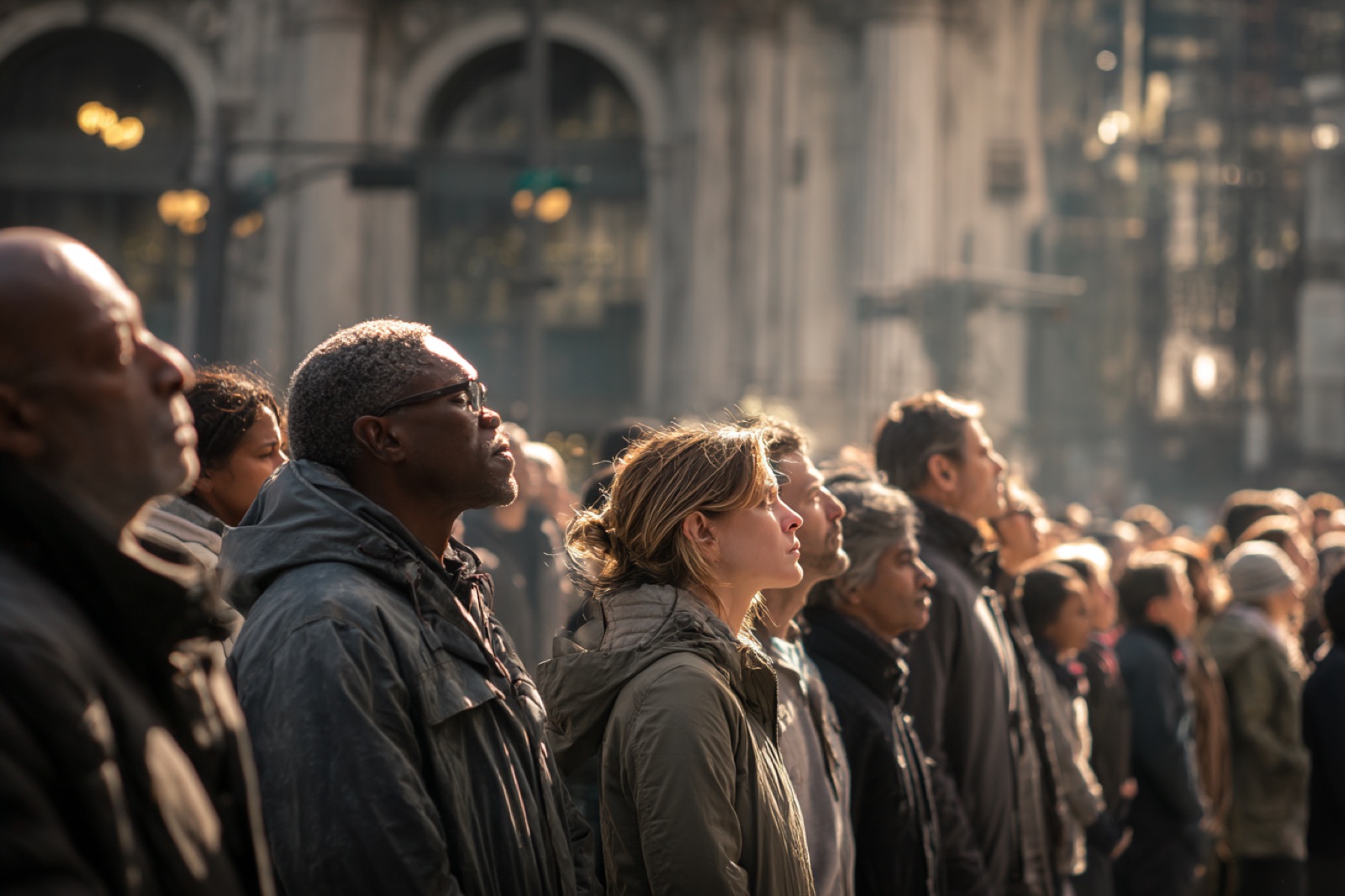 Citizens participating in a Moment of Brightness observance at noon, unprompted and correctly